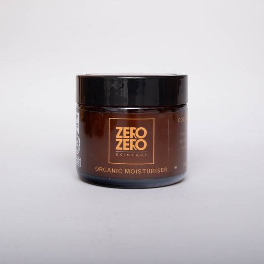 Brown jar of Zero Zero Skincare organic moisturizer on a white background