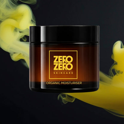Zero Zero Skincare organic moisturizer jar with yellow smoke effects on a dark background