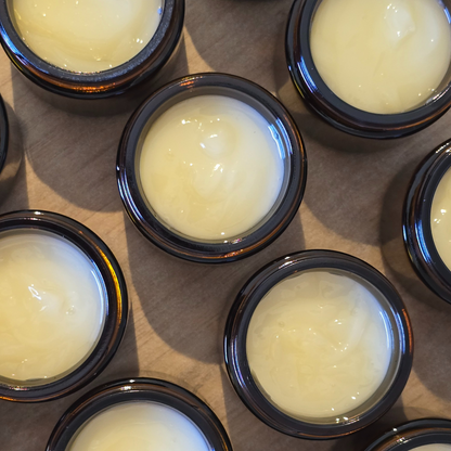 Multiple small open jars filled with yellow cream, arranged closely together.